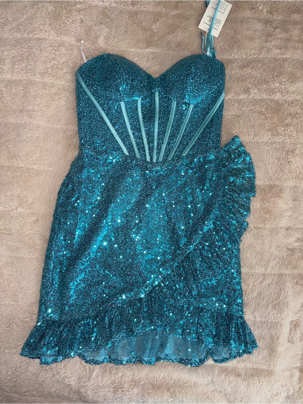 Source Unknown Teal Sequin Strapless Ruffle Mini Dress